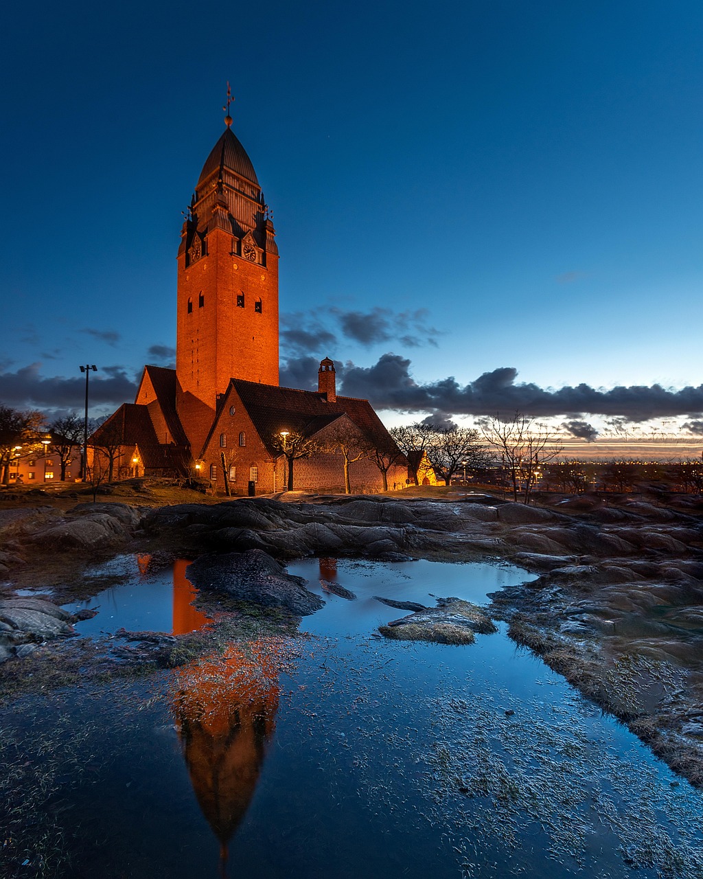 church, mirror, evening, sunset, gothenburg, sweden, nature, the masthead church