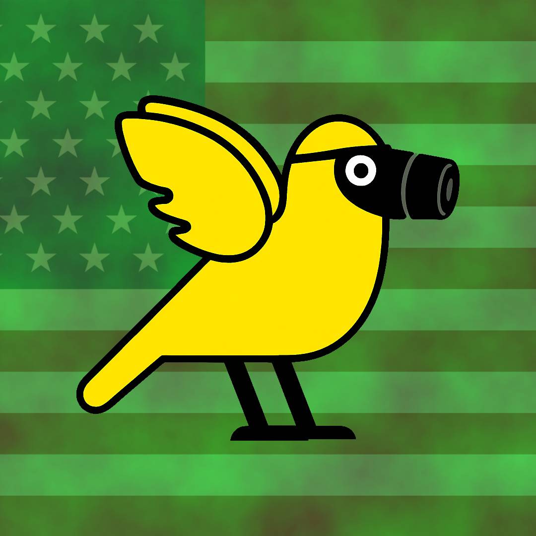 Simple graphic of a yellow bird wearing a gas mask in front of the American flag covered in what looks like noxious green gas.