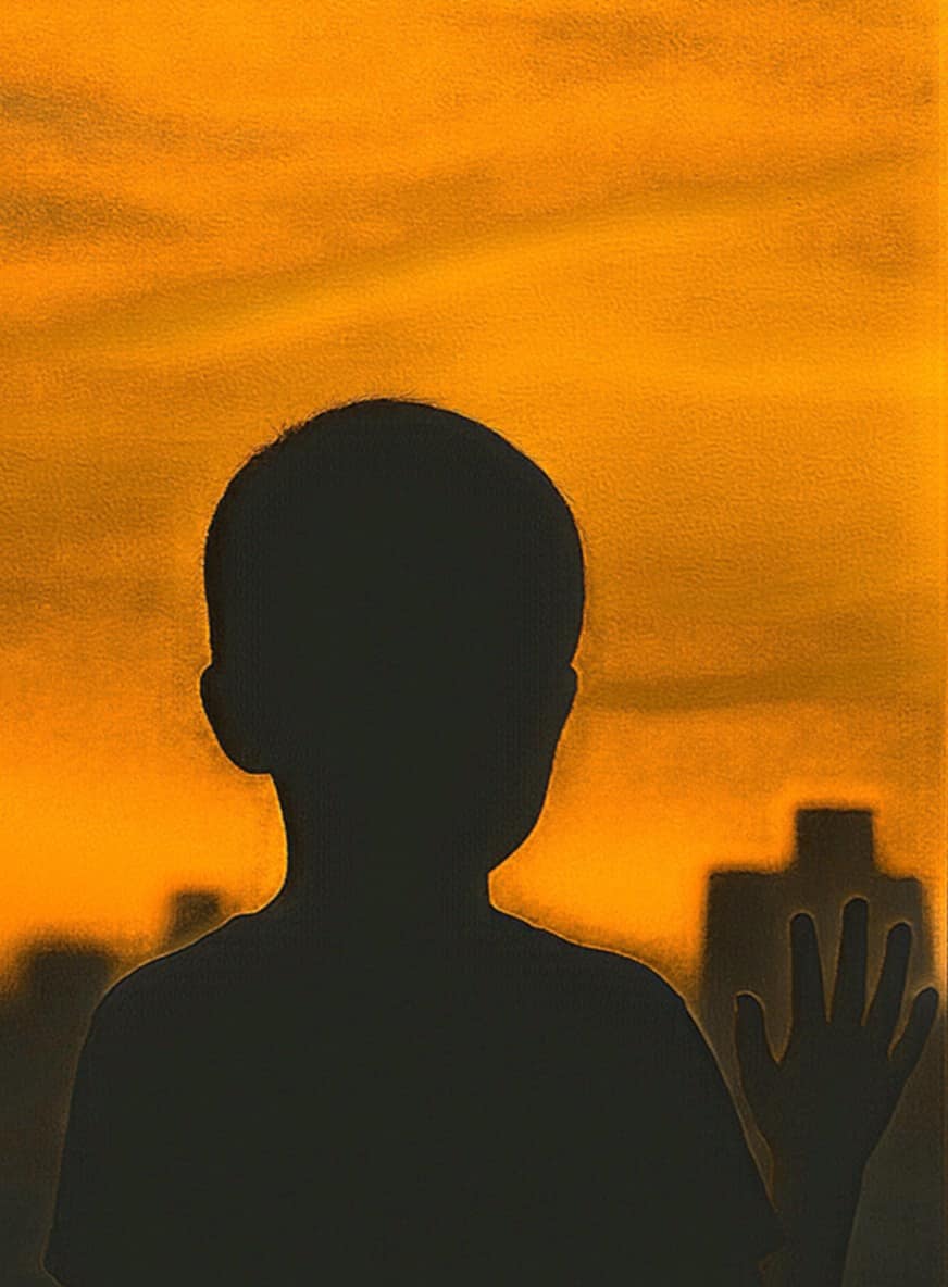 Silhouette of a child looking out a window at the orange sky of sunset behind a blurry city skyline.
